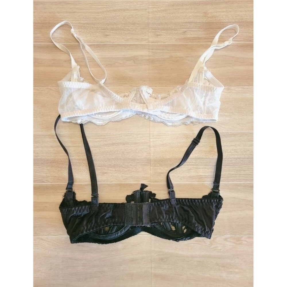 2 Shirley of Hollywood Open Cup Lace Bras Size 32 Black White Shelf Bra Lingerie - Picture 3 of 6